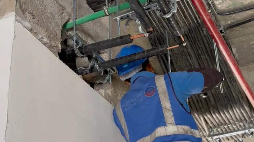 Drainage and pipe runs inside the ceiling void