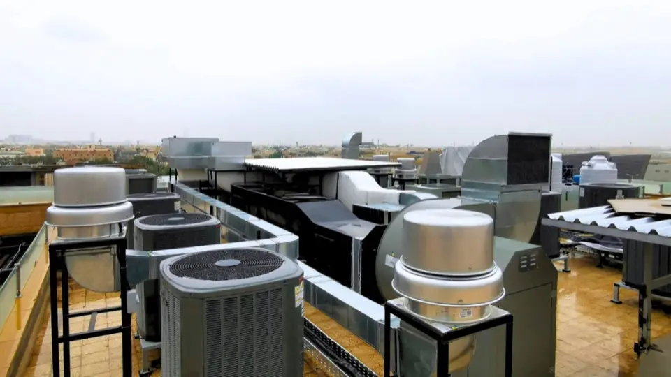 Outdoor units and extract fans on a mall roof