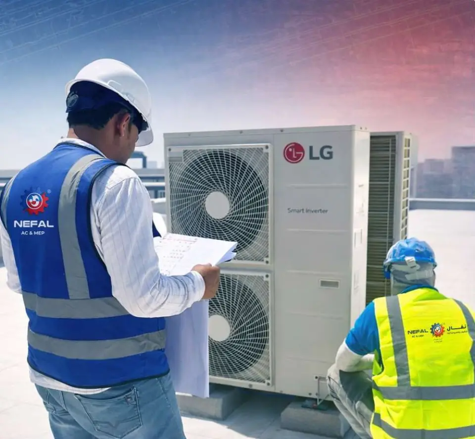 Nefal engineers inspecting an outdoor unit on site